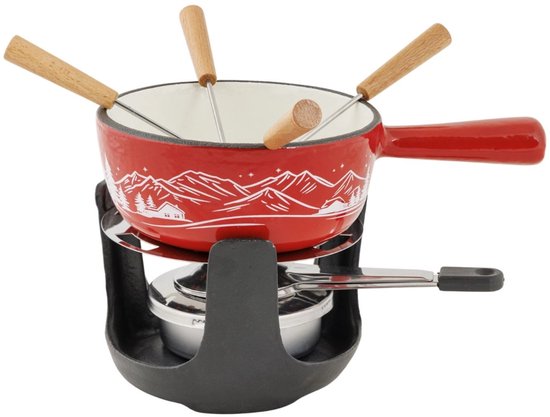 Cosy&Trendy Aspen Fondueset Gietijzer Ø14 cm - Rood - Incl. Brander & 4 Vorkjes - 4 Personen