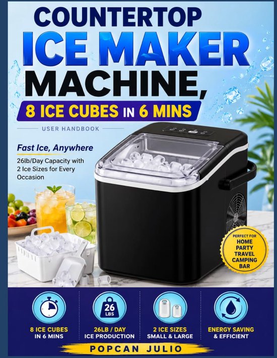 Countertop Ice Maker Machine, 8 Ice Cubes in 6 mins User Handbook: Fast Ice, Anywhere 26lb/Day Capacity with 2 Ice - ShopVlot