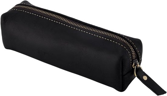 Cowhide leren etui voor pennen en potloden, rechthoekige organizer met rits, ideaal voor kantoor en reizen, perfect als cadeau voor verjaardagen en feestdagen, zwart, modern design van Merkloos