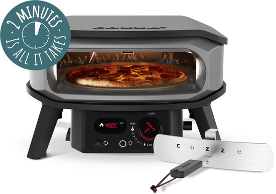 Cozze® 13" Premium Rotate pizza oven gas 30 mbar - 6,0 kW roestvrijstalen U-brander, automatische ontsteking, LED-bediening en thermometer - met pizzasteen Ø 34,5 cm - snelle pizza’s in 2 minuten - duurzaam buiten koken