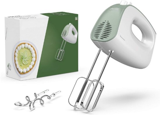 Crea&Crema Elektrische Mixer - 500 W - Extra Lange Gardes voor Dessertbeslag en Slagroom - Roestvrij Stalen Deeghaken - 5 Snelheden - Turbofunctie - Ergonomisch Ontwerp - Wit en Groen van Merkloos