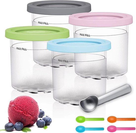 Creami bekers geschikt voor Creami Deluxe Pints - 16 oz Ijsjeshouder - Creami containers geschikt voor ijsmachine NC301 NC300 NC299AMZ-Serie - 4 stukken vervanging - BPA-vrij - afwasmachinebestendig - Accessoires - deksels van iHEBE