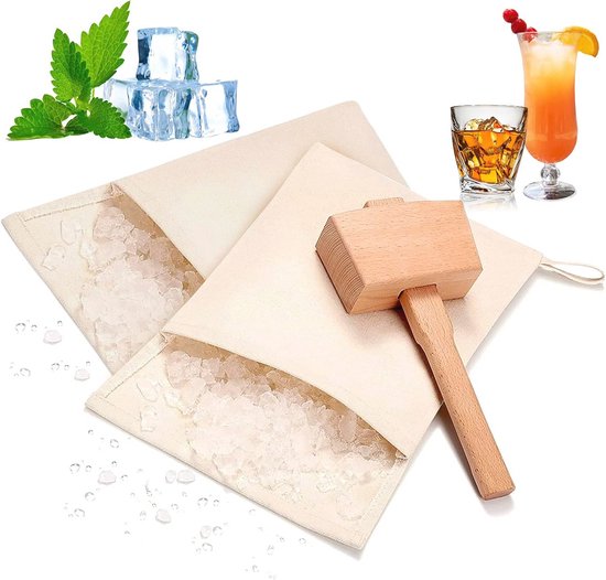 Crushed Ice Bag Set - 2 Katoen Canvas Tassen en 1 Houten Hamer voor Cocktails