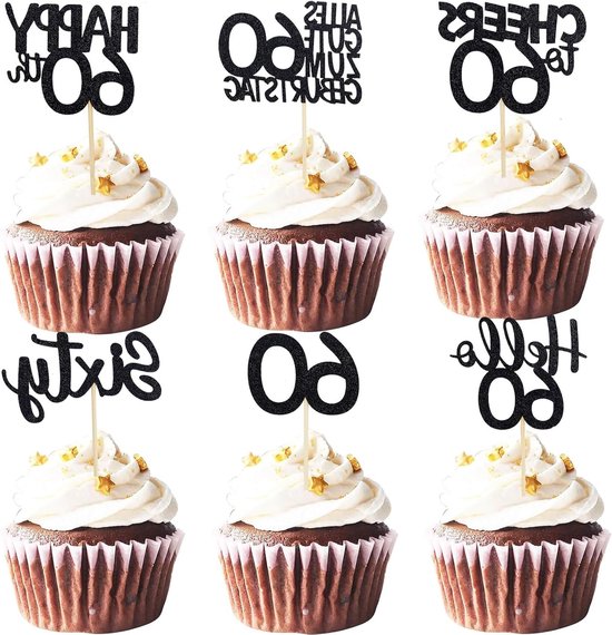 Cupcake Topper voor Verjaardag (60 jaar) - Zwart Feestdecoratie, Taartversiering en Cadeauaccessoire van Merkloos