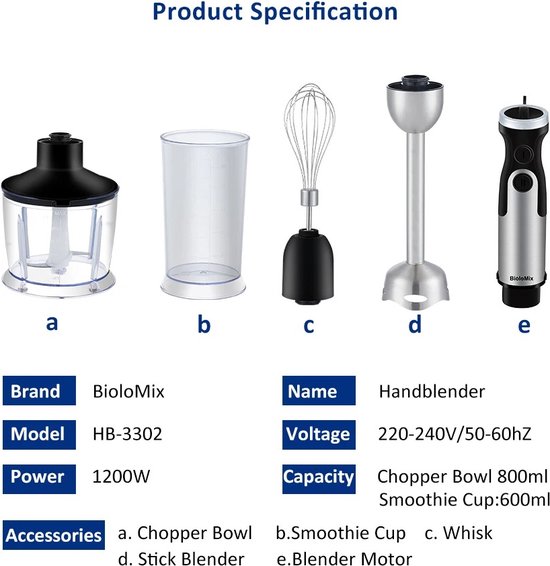 Currentgoodz - 4-in1 Blender - Blenders - Handmixers - Hand Mixer - Blender Smoothie - Vleesmolen - Garde - 600ML - 1200W van Currentgoodz