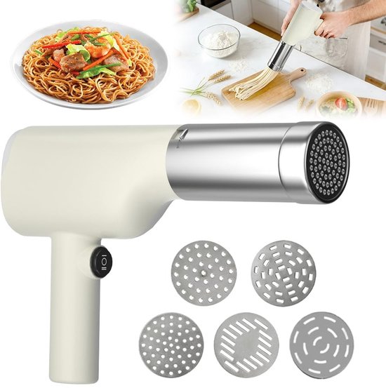 Dailygoods - Elektrische pastamachine, handheld, draagbare draadloze pastamachine, 40 W, pastapers voor spaghetti en ijspasti's, met 5 persvormen, keukenmachine voor familie, reizen en picknick