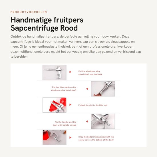 Dailygoods - Handmatige fruitpers - Sapcentrifuge - Rood - Multifunctioneel - Geschikt voor citroen en sinaasappel - Keukenaccessoire voor thuis