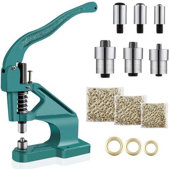 Dailygoods- Ogenpers Premium Kwaliteit - Handpers Set - 3 Stempels 6/10/12mm - 900 Grommets - Ergonomisch Ontwerp - Geschikt voor Leer/Fabric - Ogenpersmachine
