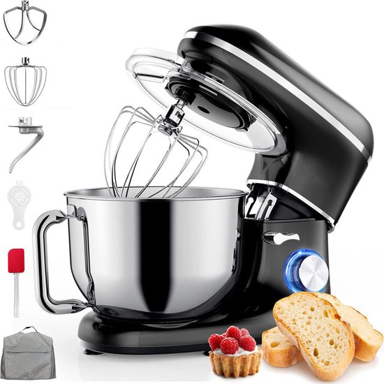DailySupplies® Luxe Deegmachine met Spatbescherming - Deegmachine voor Zwaar Deeg - Met Deeghaak en Garde - Kneedmachine - Keukenmachine - Deegmixer met 10 Standen - Zwart met Zilver van Merkloos