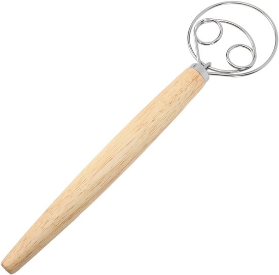 Danish deegmixer met solide roestvrijstalen en houten handvat, ideaal voor het mengen van brooddeeg, inclusief schraper voor moeiteloos mixen en bereiden van deeg. van Merkloos