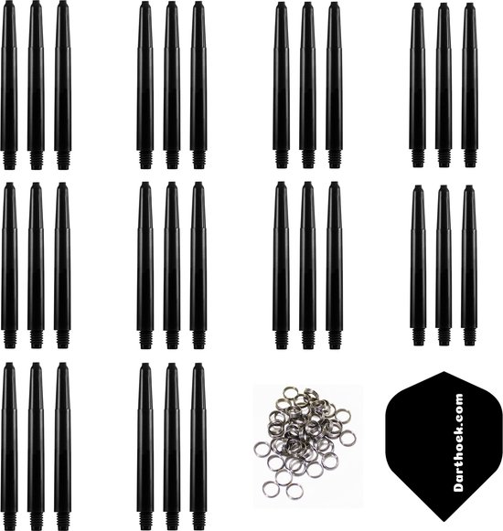 Darthoek zwarte dart shafts| 10 sets (30 stuks) |medium | + 10 sets (30 stuks) veerringen + 1 set darthoek flights van Darthoek