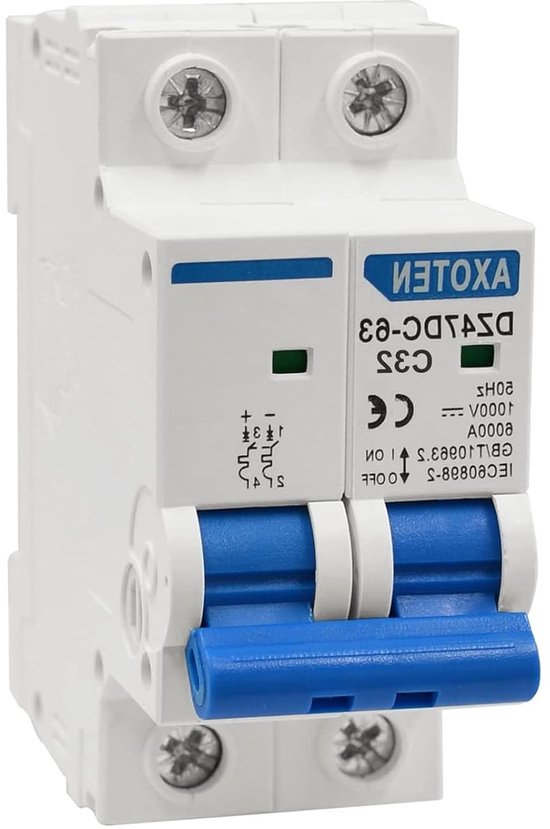 DC Ontkoppelaar Schakelaar, 2P Miniatuur Automatische Zekeringsschakelaar, DC1000V 32A, Zonne-energie Scheidingsschakelaar voor PV Installaties, Geschikt voor 35mm DIN Rail Montage, Zonnepaneel Beveiliging, Energiebeheer Systemen