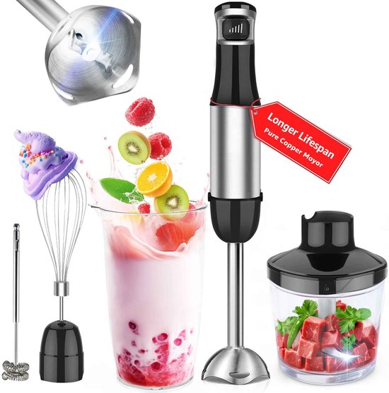 De Warenloods - 5-in-1 Staafmixer Set - Met Hakmolen, Garde en Melkopschuimer - Blender - Handmixer - 5 Snelheden - RVS - Zwart van Merkloos