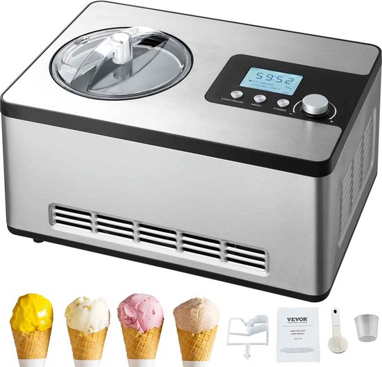 De Warenloods - Automatische ijsmachine - 2 liter – Met ingebouwde compressor - Met 3 programma's Voor Roomijs, Sorbet en Frozen Yoghurt - RVS - Inclusief Receptenboek van Merkloos