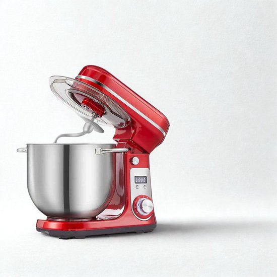 De Warenloods - Mixer - Keukenmachine - Keukenmixer Met Mengkom - 1200W - RVS Mengkom 6 Liter - 6 Standen - Mixer met Garde, Deeghaak en Menghaak - Rood van Merkloos