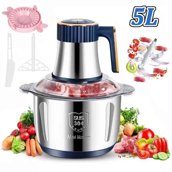 De Warenloods - Multifunctionele Keukenmachine - Vleesmolen - Foodprocessor - Hakmolen - Groentesnijder - 5 liter - Roestvrij Staal van Merkloos