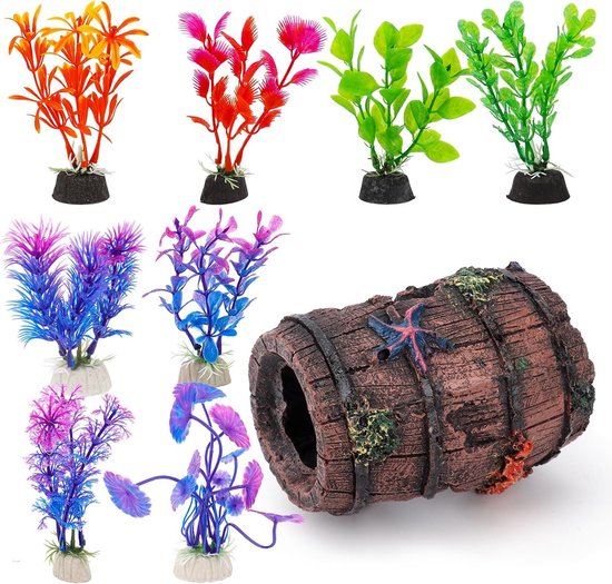 Decoratieve Accessoires voor Aquariums, 1 Hars Sterrenvis Emmer, 8 Kunstmatige Waterplanten, Veilig voor Vissen, Kleurrijke Aquariumdecoratie en Onderwaterlandschap van Merkloos