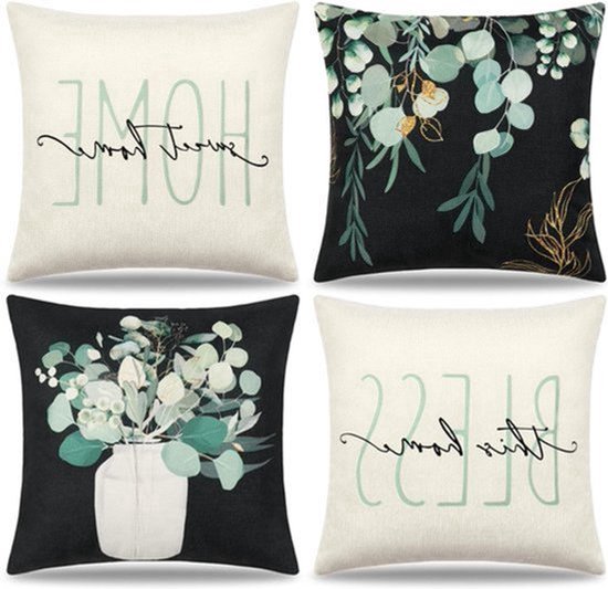 Decoratieve kussenslopen set van 4 - Eucalyptus bladeren - Beige en grijs - Linnen kussenovertrek - Sierkussens voor slaapkamer en woonkamer - Buiten decoratie (45 x 45) van Merkloos
