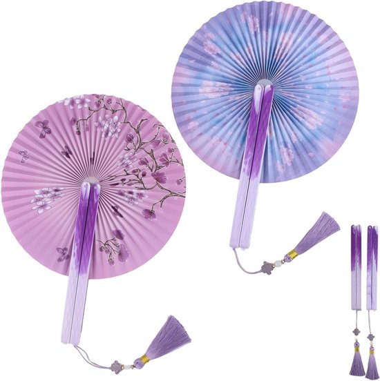 Decoratieve Vouwfan met Kwastjes voor Muurdecoratie - Chinese Stijl, Verjaardagscadeau en Fotografie Accessoire (Paars/Blauw)