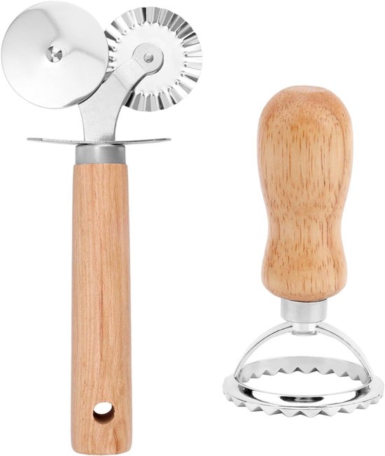 Deegsnijder & Ravioli Pers, Deegsnijder met Houten Handvat & Gecanneleerde Rand Roestvrij Staal Keukenbakgereedschap voor Ravioli Dumplings Lasagne Pizza Koekjes Taartdeeg