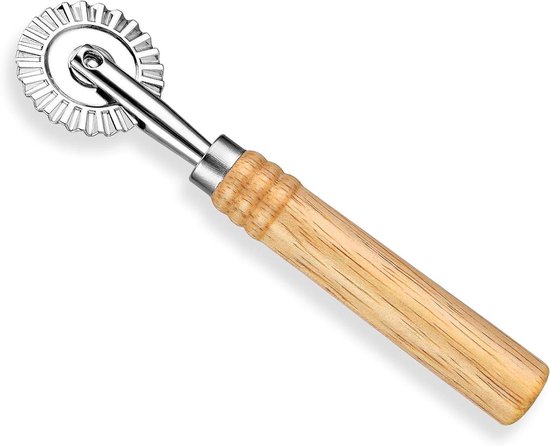 Deegsnijder roller met houten handvat, gegolfd deegradje, enkel mes - geschikt voor pasta en ravioli-snijden