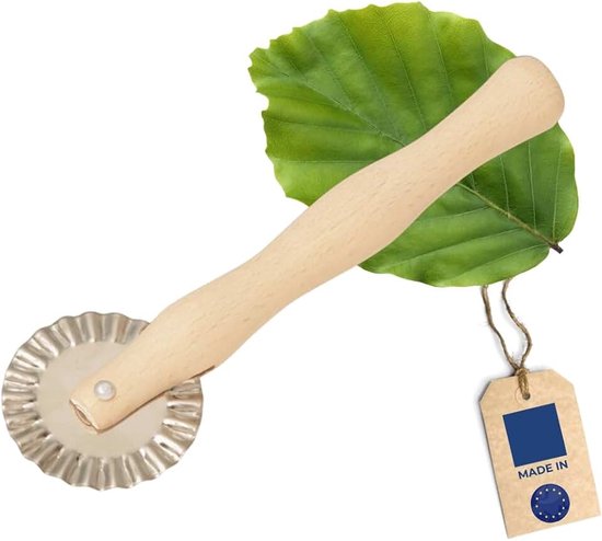 Deegwiel, 100% plasticvrij, natuurproduct, gegolfd snijwiel, 17 cm, duurzaam bakken en koken, snijdt deeg zonder inspanning, stabiele raviolimaker