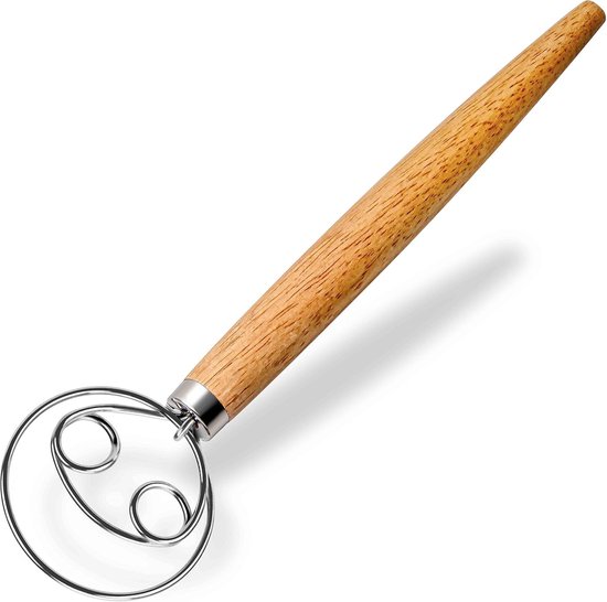 Deense deegmixer - roestvrij staal - handmixer geschikt voor brooddeeg - houten handvat - keukenbakgereedschap - broodbakgereedschap en accessoires -hout -34cm -Dubbele ring van Merkloos