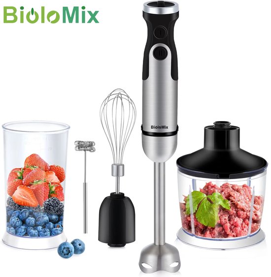 Deliqa 5 in 1 krachtige mixer - 1200 watt - zwart - smoothie maker - groentehakker - vleesmolen - blender - mixer - smoothie beker - BPA vrij - 6 snelheden + turbo functie - garde - met melk opschuimer van Merkloos