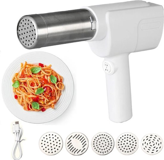 Deze 5-in-1 pastapers is een draagbare, elektrische pastamaker met 5 pastavormen. Hij is oplaadbaar en kan zowel aardappelen als noedels persen, waardoor hij geschikt is voor het bereiden van pasta, lasagne en andere gerechten. van Cheffinger