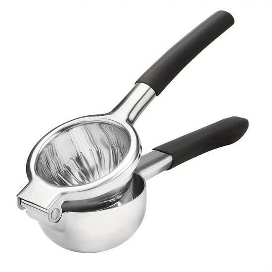Deze handmatige citruspers van roestvrij staal met een siliconen handvat is een onmisbaar hulpmiddel voor het persen van citroenen en sinaasappels.