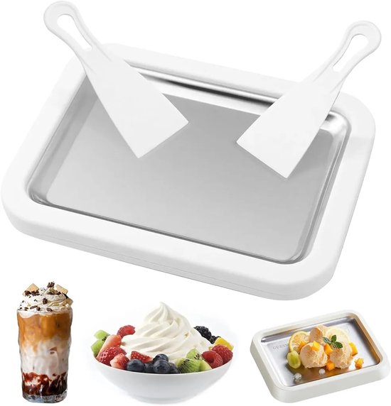Deze ijsroltafel van 304 roestvrij staal is een doe-het-zelf ijsroltafel met twee schrapers. Hij kan worden ingevroren en maakt ijsrolletjes, bevroren yoghurt en sorbets zonder elektriciteit.