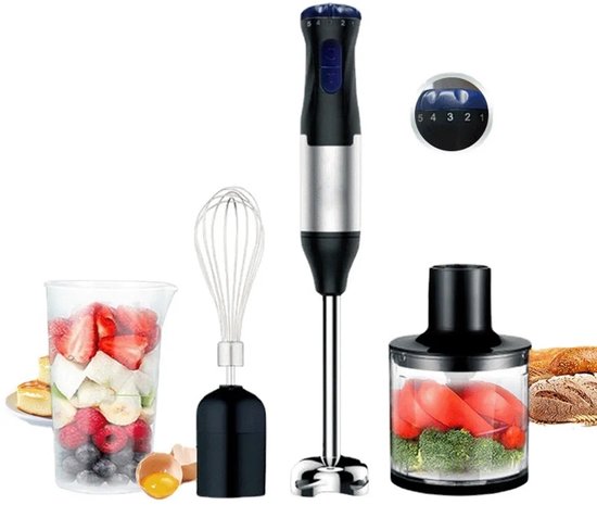 Deze multifunctionele staafmixer heeft een hakmolen, garde en mengbeker, en 5 snelheidsstanden. Een geweldige keukenhulp in één! van Merkloos
