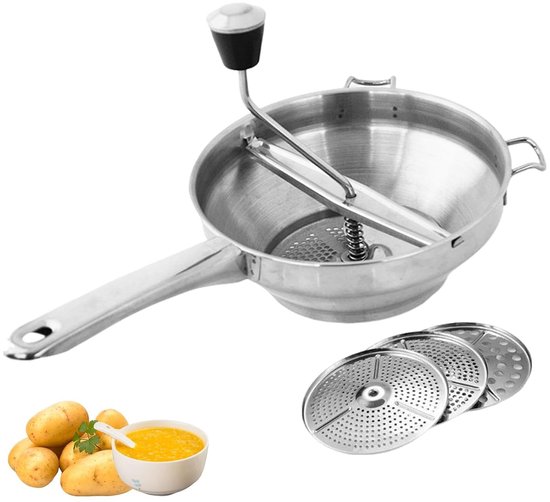 Deze roestvrijstalen keukenmachine wordt geleverd met drie maalschijven, een handmatige maalschijf en een opzetstuk voor het maken van puree.