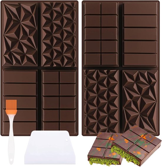 Diepe Chocoladevorm met 4 Cavities, 2 Stuks, Inclusief Schraper en Siliconen Kwast voor Chocolade, Bonbons en Snoepjes van Merkloos