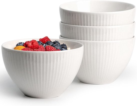 Diepe Ontbijtschalen Set van 4 - Porseleinen Soepkommen voor Havermout, Salades en Snacks - Vaatwasser- en Ovenbestendig, 750ml Inhoud van Merkloos