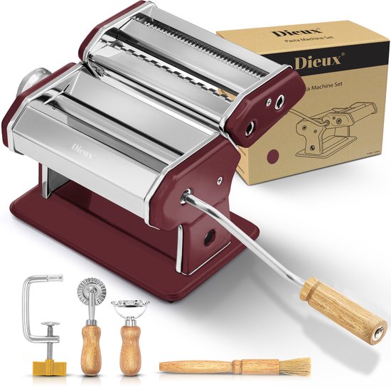 Dieux - Pastamachine Set - Rood - Pastamaker - Inclusief Pasta Tools - Houten handvat - RVS - Pasta - Ravioli - Keukengerei - Housewarming cadeau van Dieux