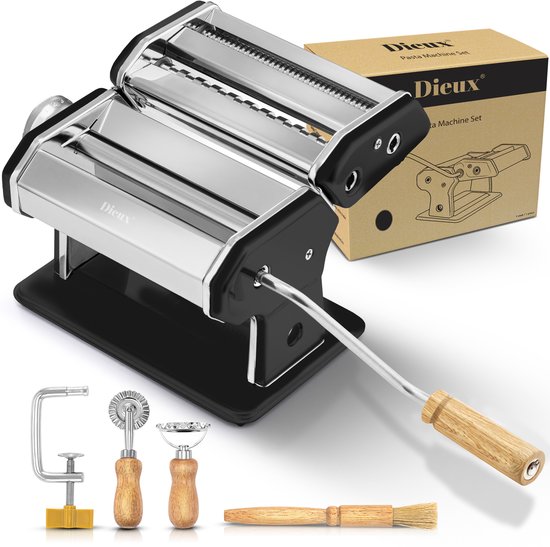 Dieux - Pastamachine Set - Zwart - Pastamaker - Inclusief Pasta Tools - Houten handvat - RVS - Pasta - Ravioli - Keukengerei - Housewarming cadeau van Merkloos