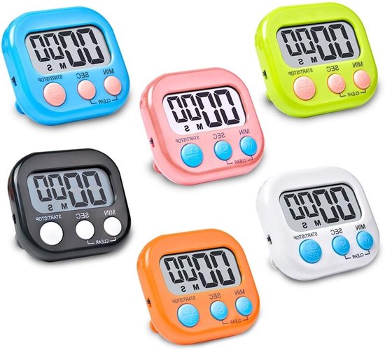 Digitale Keuken Timer Set van 6 Stuks in Verschillende Kleuren met Magnetische Bevestiging voor Bakken, Koken en Training