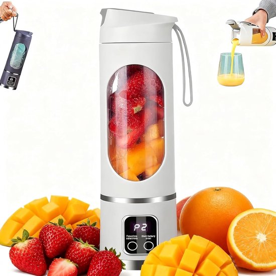 Digitale multifunctionele sapcentrifuge/blender, LED-display, draagbare blender, draadloos ontwerp, USB-C opladen, lekvrij deksel, 450 ml inhoud, digitaal display, sapcentrifuge waarmee je smoothies, sap en ijs kunt crushen - wit van Merkloos