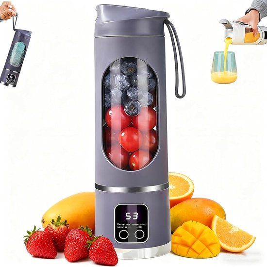 Digitale multifunctionele sapcentrifuge/blender, LED-display, draagbare blender, draadloos ontwerp, USB-C opladen, lekvrij deksel, 450 ml inhoud, digitaal display, sapcentrifuge waarmee je smoothies, sappen en ijs kunt crushen - paars van Merkloos