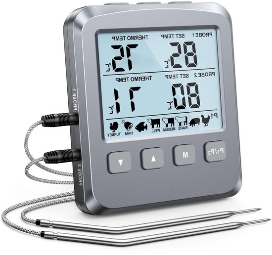 Digitale Vleesthermometer met Dubbele Sonde, Grill- en Kookthermometer met 8 Vooraf Ingestelde Temperaturen, LCD Scherm en Alarm voor Perfecte Bereiding in Keuken, BBQ en Oven van Merkloos
