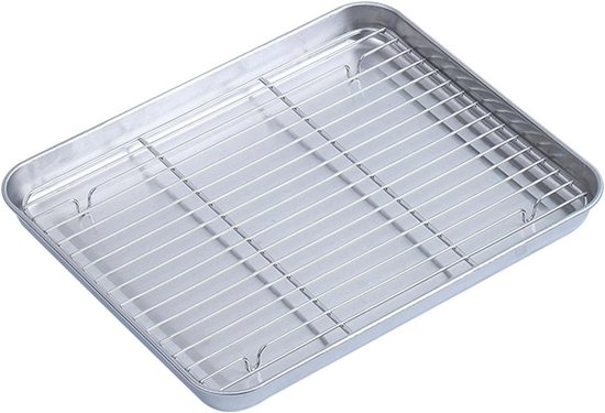 Dikke RVS Bakplaat met Rooster, RVS Grillpan voor Brood, Gebak, Braden en Uitlekken van Ingrediënten of Keukengerei (met rek)