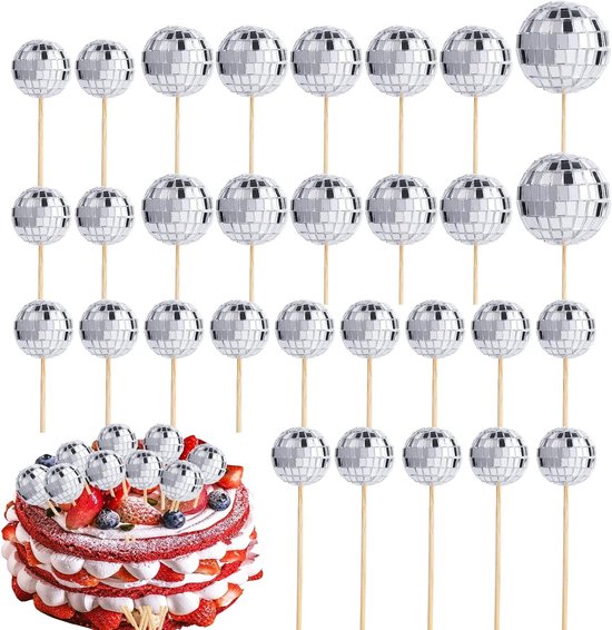 Disco Bal Cake Toppers - 30 Stuks voor Feestelijke Taarten en Cupcakes, Decoratie voor Disco Thema en Desserts van Merkloos