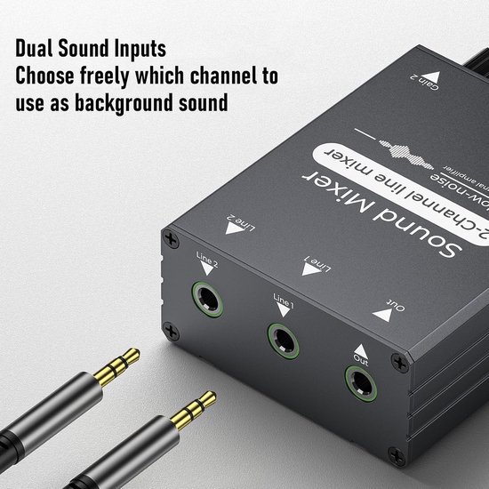 DJ Audio Mixer, 2 Kanaals 2 in 1 Out Mini Sound Board met Dubbele Volumeregeling, 3,5 Mm Sound Mixing Switcher voor Karaoke Podcasting Live Streaming