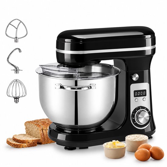 D&J Keukenmachine - Keukenmixer - 6 Snelheden - 6L inhoud - Stille motor - Zwart - 1200W - Inclusief mengkom/deeghaak en garde van D&J