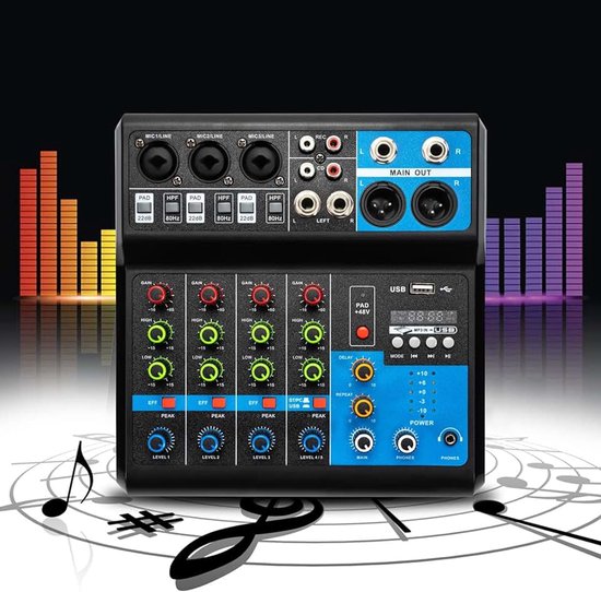 DJ-mengpaneel voor PC Audio Mixer Mixer Bluetooth, Mini Audio DJ Mixer Soundboard, 5-kanaals mixer met versterker, live DJ mixer Studio Streaming voor professionele opnames