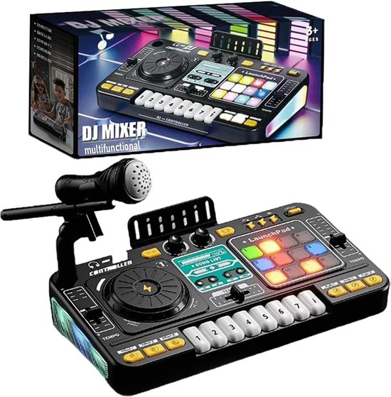 DJ-mixer voor kinderen, platina DJ-mengpaneel met licht en toetsenbord voor feestjes, draagbaar, bluetooth met verstelbare microfoon, 3-12 jaar