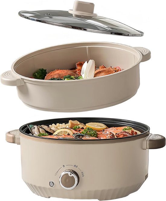 DnA® Hotpot - Hotpot Electrisch - Fonduepan - Soepketel - Lichtbruin - Wit - ‎30cm x 30cm x 21cm