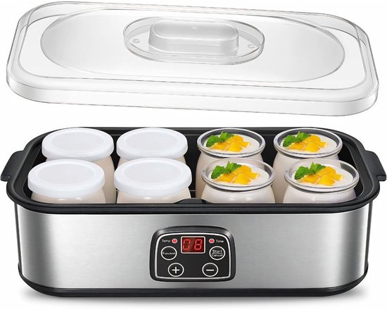 DnA® Yoghurtmaker - 8 Glazen/Deksels - Griekse Yoghurtmachine - Suikervrije Opties voor Baby's, Kinderen en Parfait - Grijs - 37cm x 18cm x 14cm