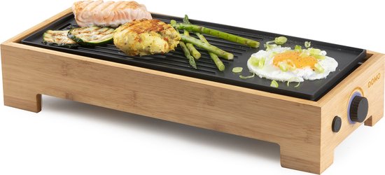DOMO DO9270G Plancha Grill Bamboo Style 'Just Us' - Grillplaat - Tafelgrill - Gourmet bakplaat voor op tafel - 2 personen - PFAS Vrij - 1000W - Bamboe